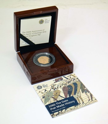 Lot 303 - Royal Mint gold proof 50p coin commemorating the Battle of Hastings, boxed with certificate