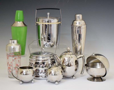 Lot 347 - Stainless steel three piece tea set, and a collection of cocktail shakers, ice buckets, etc
