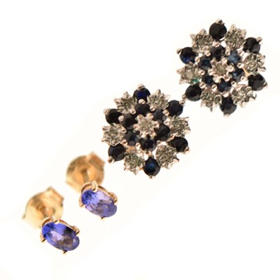 Lot 57 - 9ct gold, sapphire and diamond fancy cluster ear studs, and 9ct gold tanzanite studs