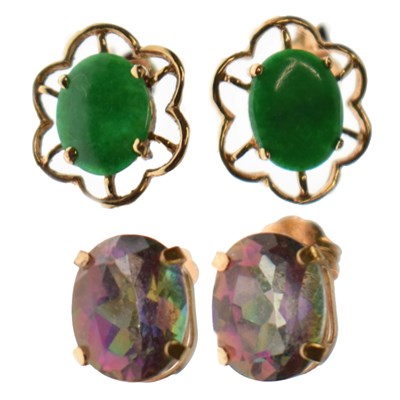 Lot 58 - Pair of 14ct yellow metal mystic topaz ear studs, and green stone ear studs