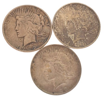 Lot 13 - Three United States of America silver peace dollar coins