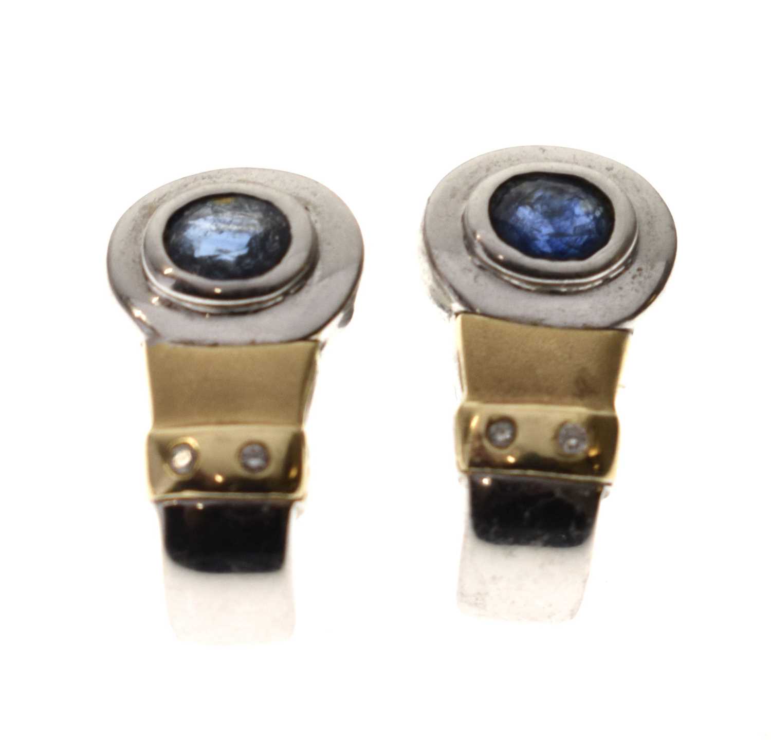 Lot 95 - Pair of sapphire and diamond yellow and white metal earrings, stamped '585'