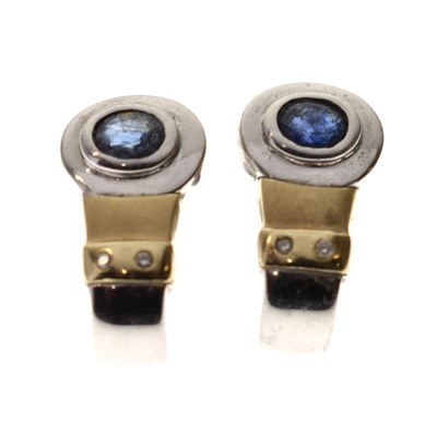 Lot 95 - Pair of sapphire and diamond yellow and white metal earrings, stamped '585'