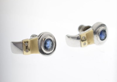 Lot 95 - Pair of sapphire and diamond yellow and white metal earrings, stamped '585'