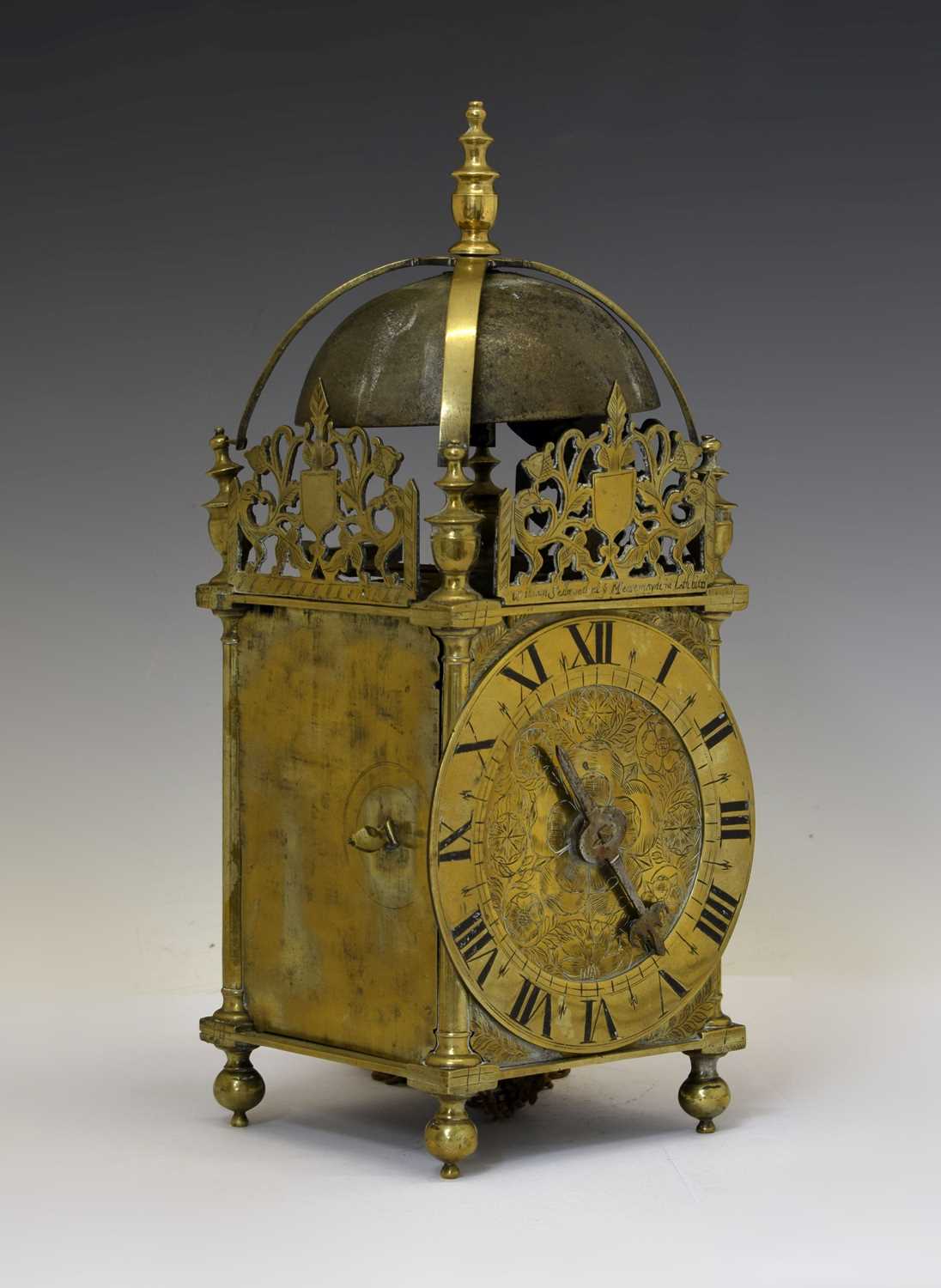Lot 484 - Charles I brass lantern clock - 'William Sellwood at ye Mearemayde in Lothburi'