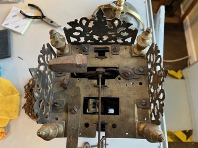 Lot 484 - Charles I brass lantern clock - 'William Sellwood at ye Mearemayde in Lothburi'