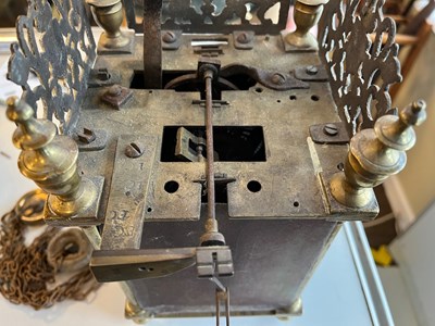 Lot 484 - Charles I brass lantern clock - 'William Sellwood at ye Mearemayde in Lothburi'