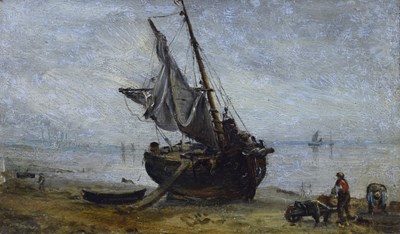 Lot 408 - 19th century English School - Oil on panel - Figures unloading a fishing boat