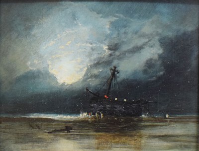 Lot 470 - 19th century English School - Oil on panel - Masted ship in moonlight