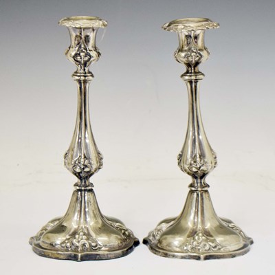 Lot 387 - Pair Elkington and Co. silver plated candlesticks
