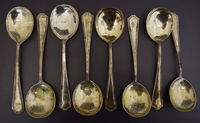 Lot 290 - Set of eight white metal soup spoons