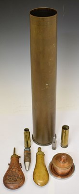 Lot 375 - Assorted militaria - shell case, powder flasks, trench art