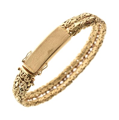 Lot 90 - German yellow metal (585) flexible fancy link bracelet, 63.5g approx