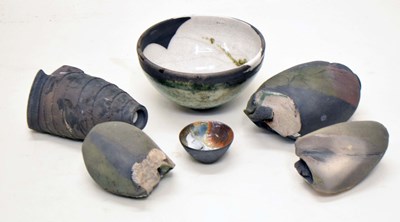Lot 629 - Studio Pottery - Four hand built raku fired vessels, etc