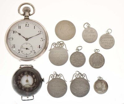 Lot 200 - A collection of silver coin fobs, etc, together with a pocket watch, and a white metal wristwatch