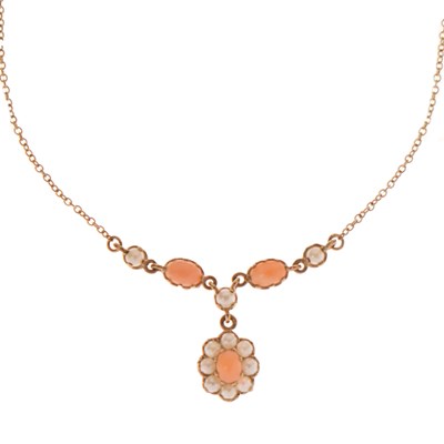 Lot 84 - Coral and pearl 9ct gold pendant necklace