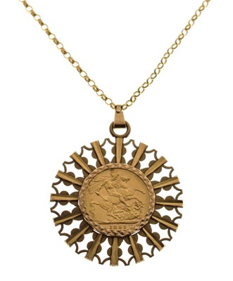 Lot 191 - Queen Victoria Sydney mint gold sovereign, 1895, in 9ct gold sunburst surround