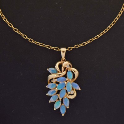 Lot 93 - Opal and diamond yellow metal pendant necklace