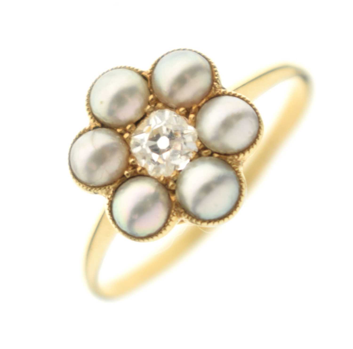 Lot 15 - Late 19th / Early 20th century diamond and pearl yellow metal flower head ring