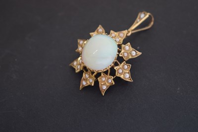 Lot 47 - Late 19th century opal and seed pearl unmarked yellow metal pendant brooch