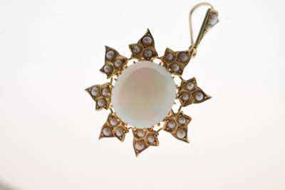 Lot 47 - Late 19th century opal and seed pearl unmarked yellow metal pendant brooch
