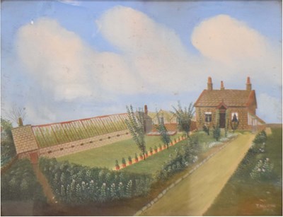 Lot 467 - 19th century English naïve school - Oil on board - Gardener's Cottage with greenhouses