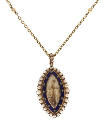 Lot 55 - 19th century seed pearl enamel unmarked yellow metal mourning pendant