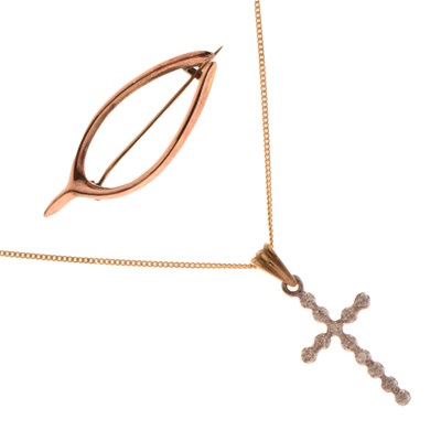 Lot 97 - 9ct gold diamond set cross pendant and a rose metal wishbone brooch
