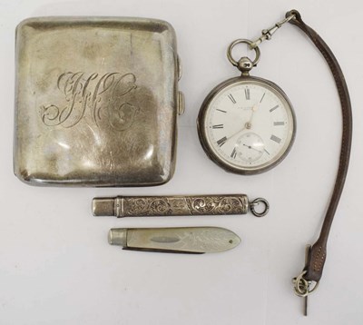 Lot 198 - Victorian silver cased pocket watch, George V silver cigarette case, etc