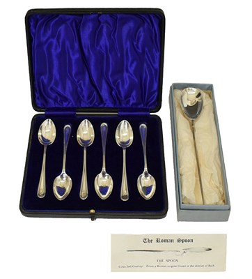 Lot 206 - Cased set six silver teaspoons and boxed replica Roman spoon 90g