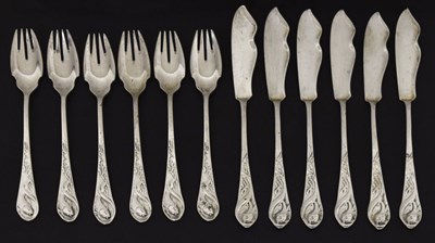 Lot 184 - Set of six white metal fish knives and forks in the Art Nouveau manner