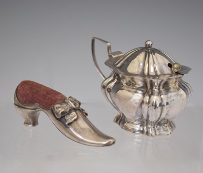 Lot 205 - Edward VII silver mustard pot and a Victorian silver mounted pin cushion