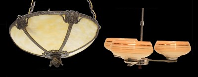 Lot 352 - Art Deco influence cast gilt metal and marbled glass plafonnier, etc