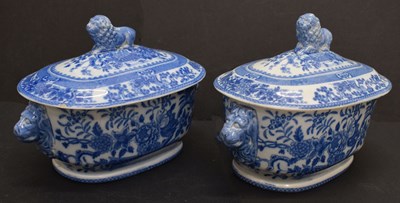 Lot 414 - Pair of early 19th century blue and white transfer-printed sauce tureens
