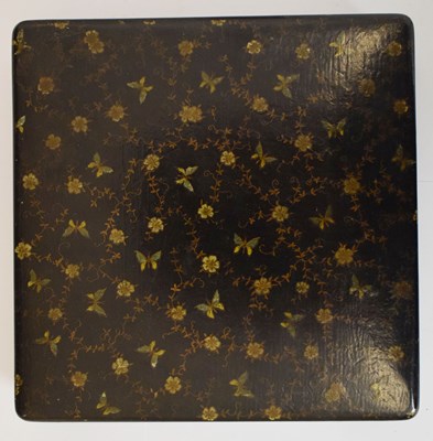 Lot 421 - 19th century black lacquer papier-mâché box decorated with butterflies and flowers