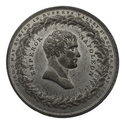 Lot 230 - French white metal medal commemorating the death and burial of Emperor Napoleon on St Helena, 1821