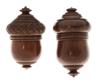 Lot 245 - Two 19th century treen (turned coquilla nut shell) nutmeg graters