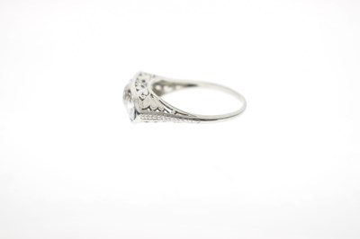 Lot 4 - Art Deco diamond and sapphire unmarked white metal three stone ring
