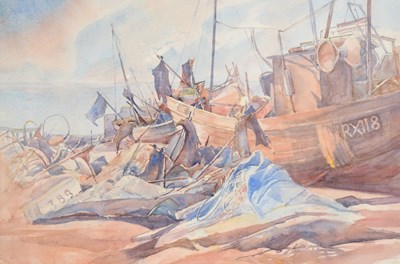 Lot 478 - Rosemary Miller (20th century) - Watercolour - Beached fishing boats