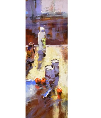 Lot 477 - Tony Allain (British, b.1949) - Pastel and mixed media - Still life with fruit and miscellaneous items