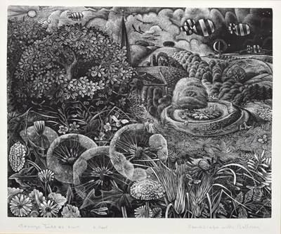 Lot 374 - George Tute RE RWA (British b.1933) - Wood engraving - Landscape with balloons