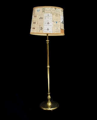 Lot 351 - Edwardian brass adjustable standard lamp with wine label shade