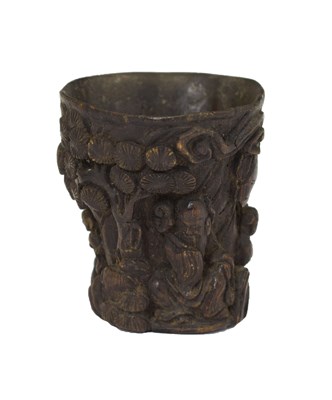 Lot 350 - Rare small Chinese early Qing dynasty carved hardwood figural libation cup