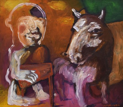 Lot 458 - Neil Macpherson, RSA, RGI, RSW (Scottish, b. 1954) - Oil on board - 'The Blacksmith'