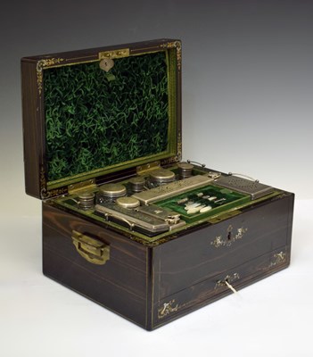 Lot 247 - Early Victorian inlaid coromandel vanity case or dressing box with silver lidded fittings