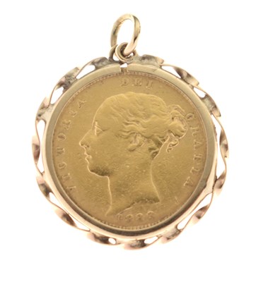Lot 249 - Queen Victoria gold shield back half sovereign 1883, in 9ct gold mount