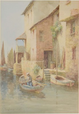 Lot 480 - Early 20th century English School - Watercolour - Cornish fisherman in boat by cottages