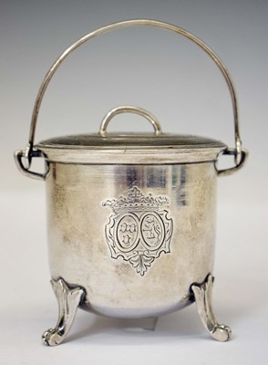 Lot 183 - Late 19th century German white metal lidded pot with swing handle