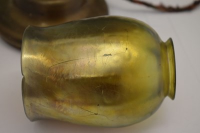 Lot 266 - Tiffany Studios, a counter-balance patinated bronze desk lamp with ‘favrile’ glass shade
