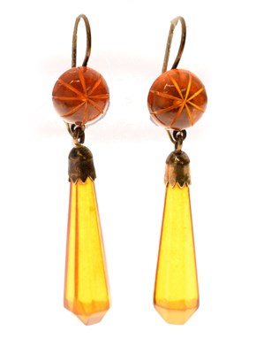 Lot 120 - Soviet amber-coloured silver gilt drop earrings